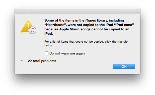 Apple 음악 노래를 iPod에 복사할 수 없음
