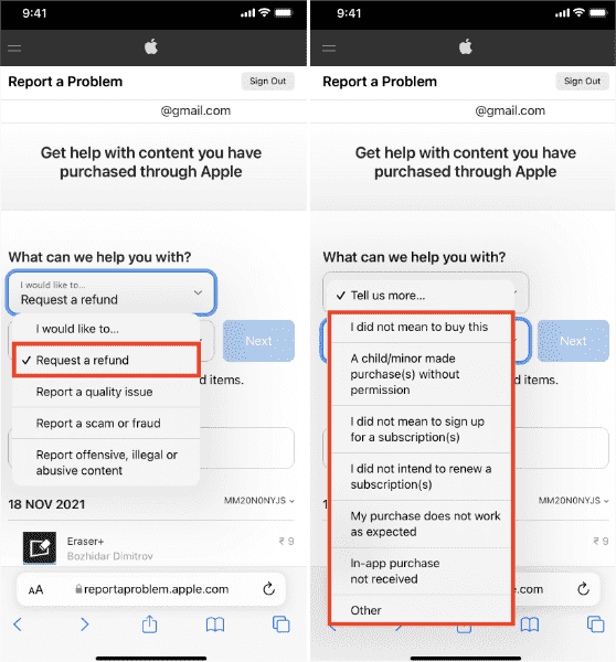 iPhone での iTunes 購入の払い戻しを受ける