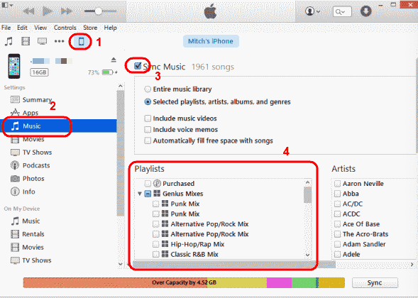 Synchronizuj listę odtwarzania iTunes z iPhonem