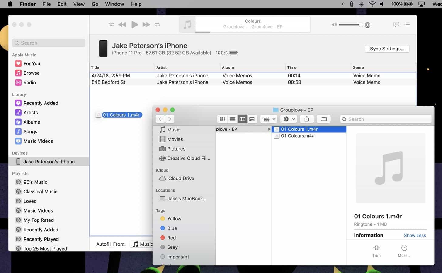 Syncing the Ringtone Audio File to iPhone