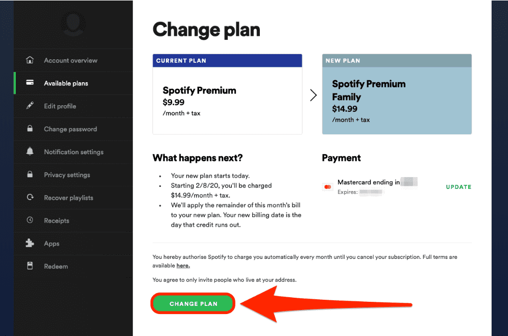 Alterar Premium Individual para Família para fazer upgrade Spotify Premium 