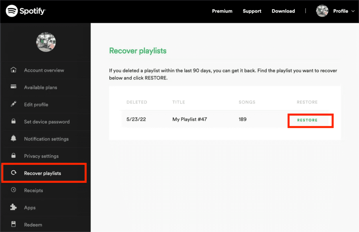 削除されたプレイリストを復元する方法 Spotify 介して Spotify 設定