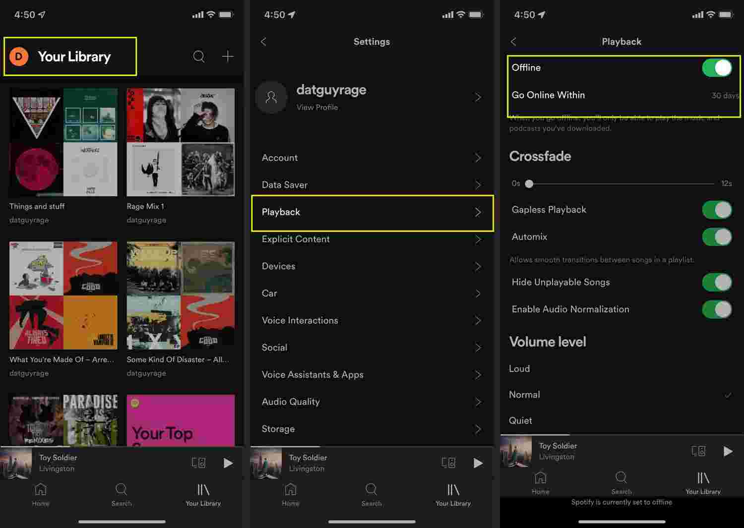 Включите Spotify Телефон в автономном режиме