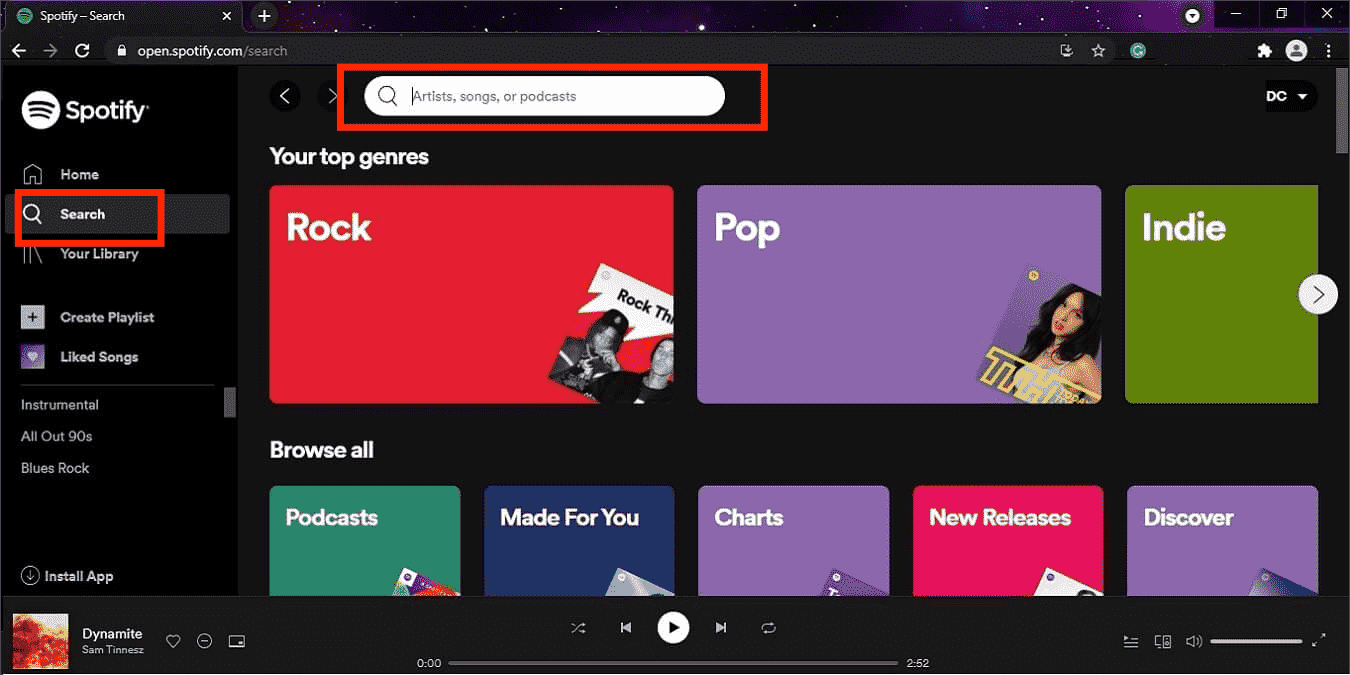 Spotify Web Player Search Option