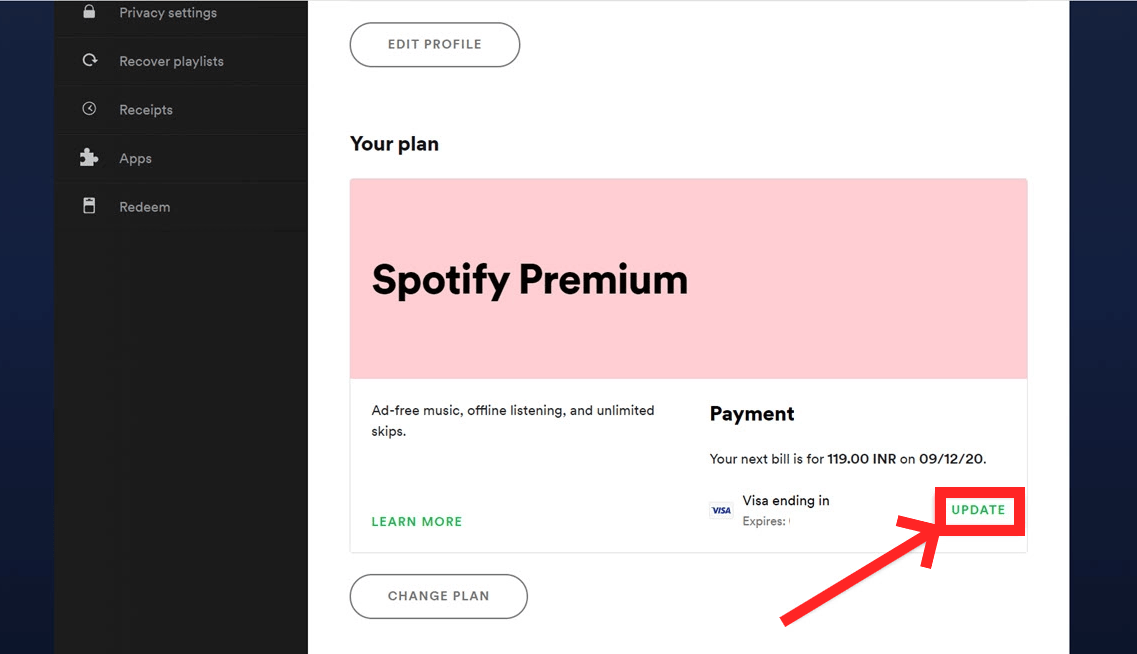 Update Spotify Payment Method