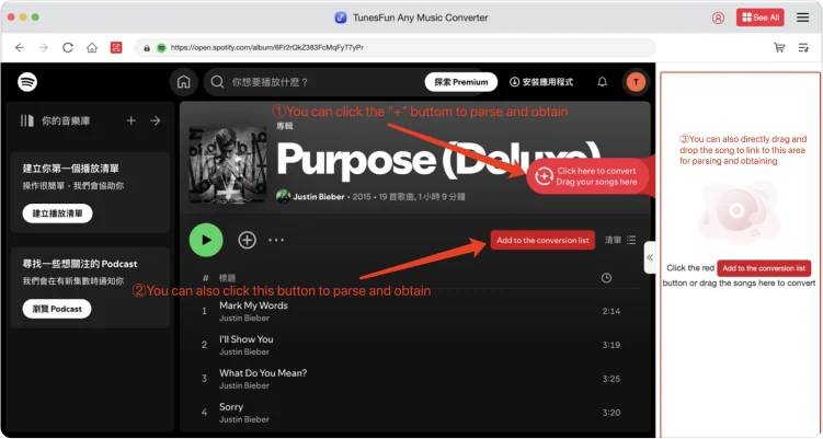 Ajoutez des morceaux de musique en streaming à la liste de conversion
